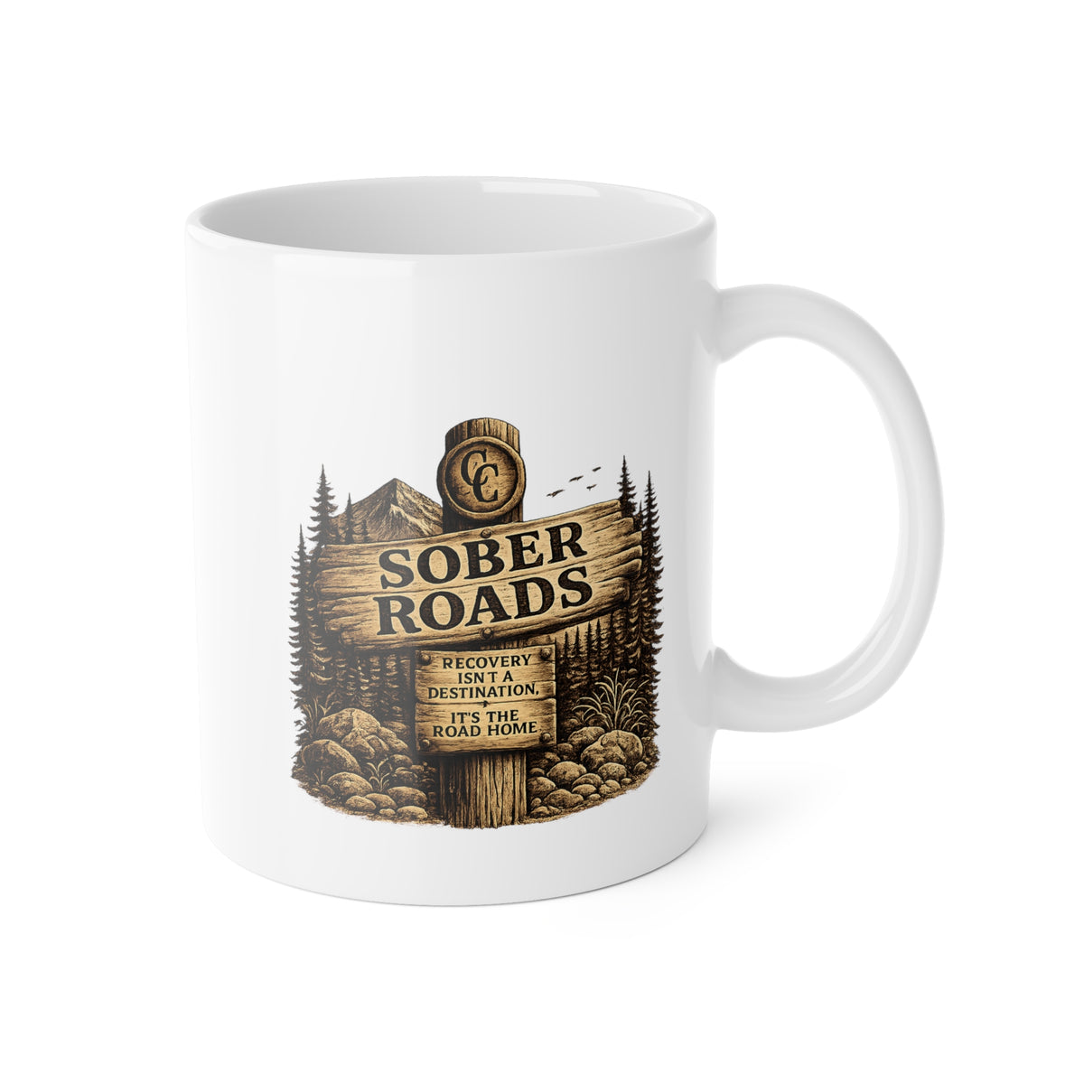 White Ceramic Mug, 11oz Sober roads