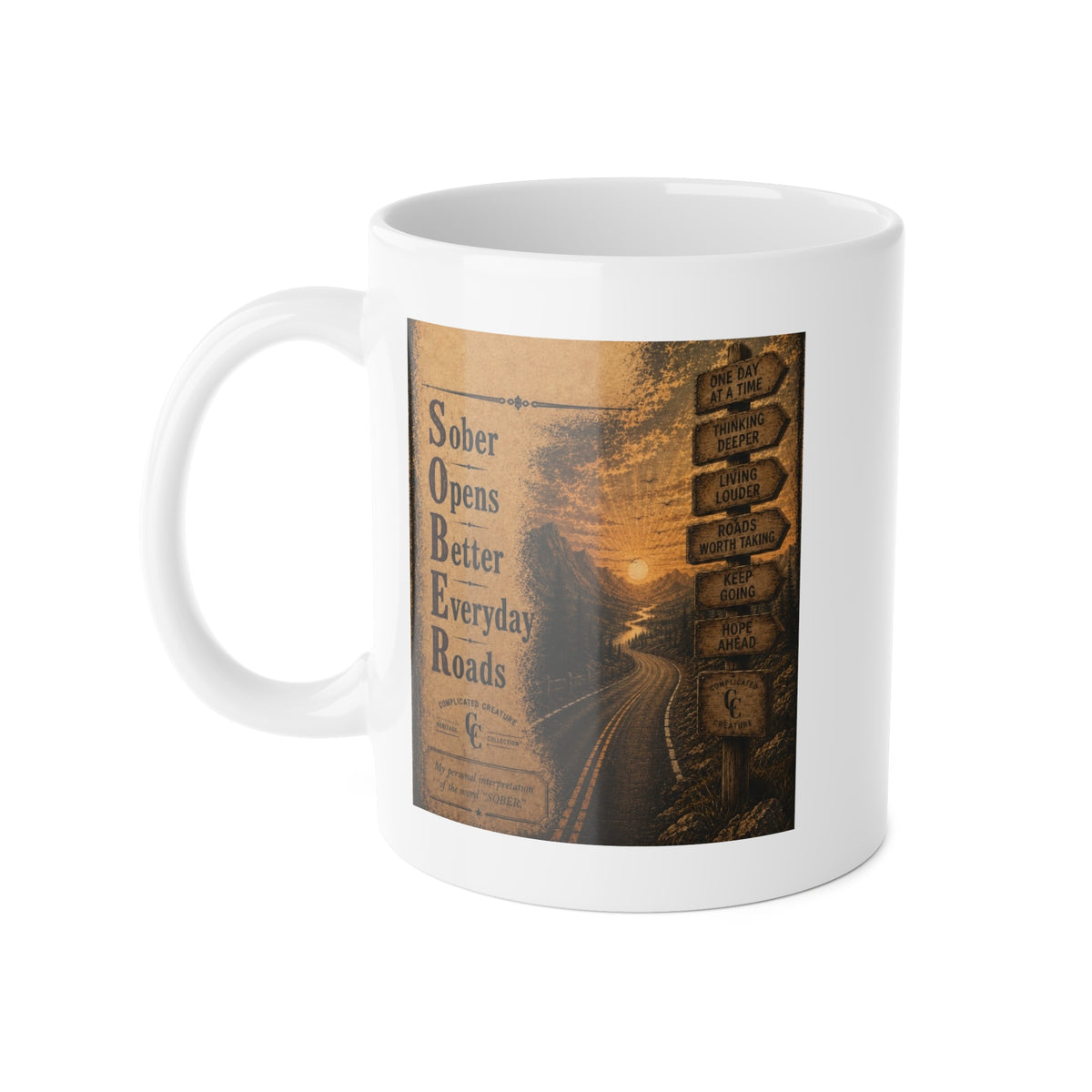 White Ceramic Mug, 11oz Sober roads